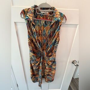 Monaco Pleated Mini Dress Tie Front Colorful Abstract Sleeveless Stretch Large